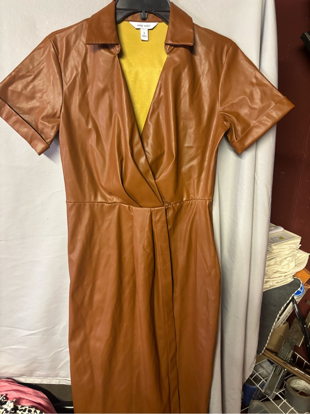 Nine West Tan Faux Leather Midi Wrap Dress